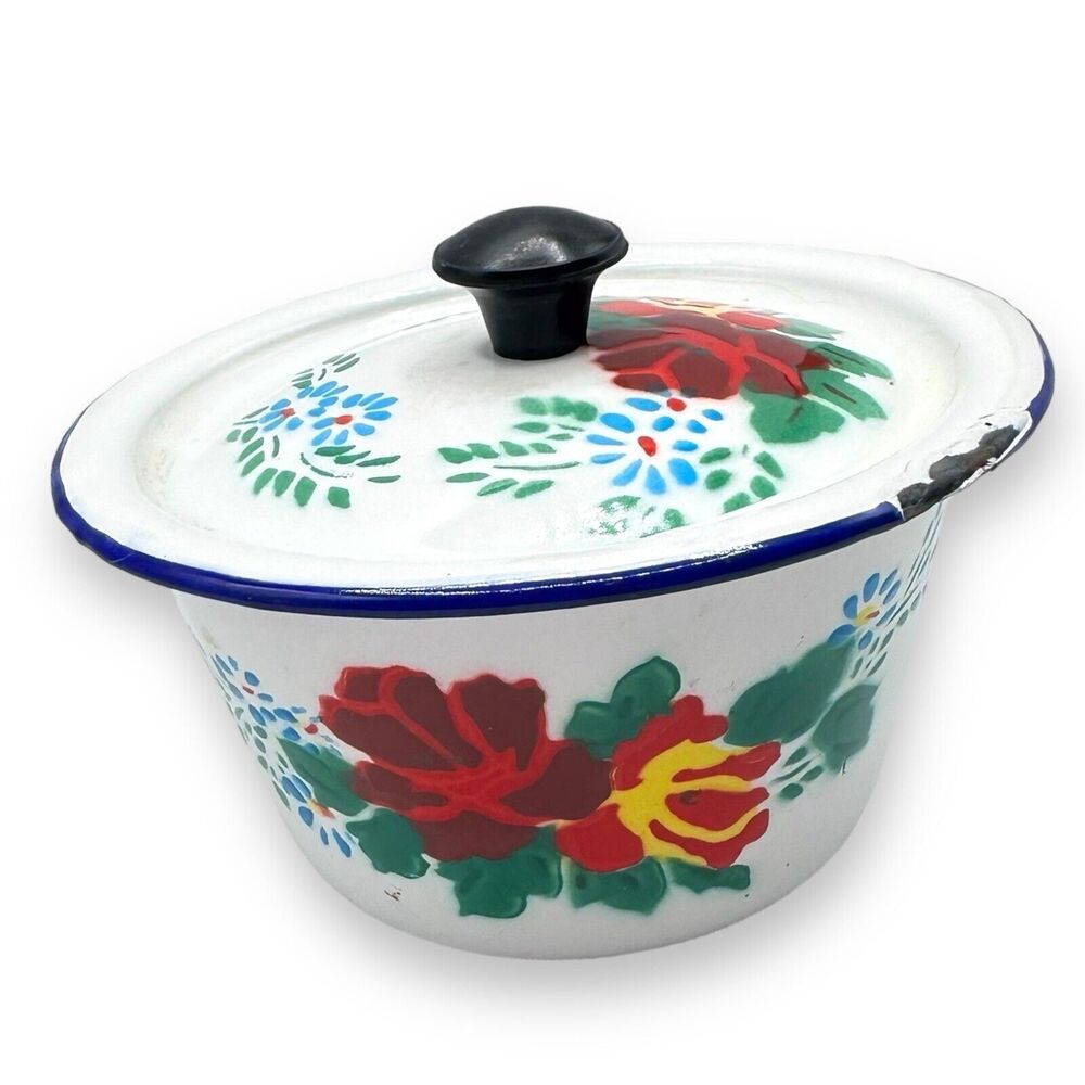 Vintage Mini Floral Enamel Pot Trinket Dish Roses Retro Kitsch Decor